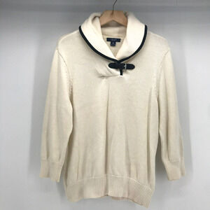 Chaps Sweater Womens XL Ivory Black Piping Detail Shawl Collar 100% Cotton